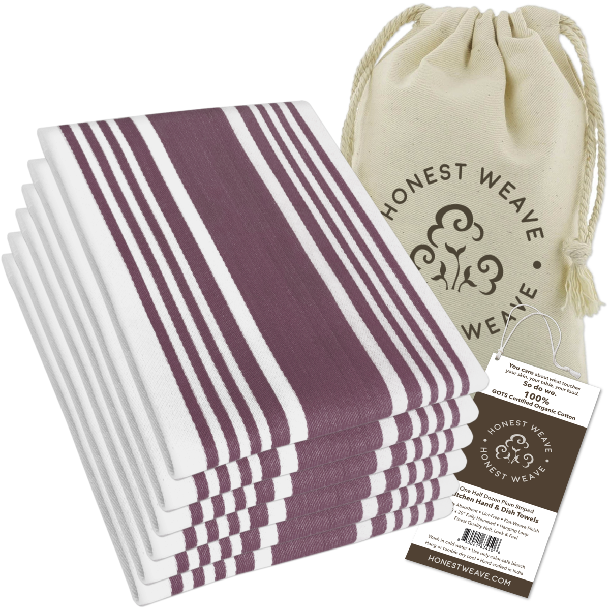 HONEST WEAVE GOTS Certified Organic Cotton Kitchen Hand and Dish Towel Sets  - Oversized 20x30 inches, Fully Hemmed, in Designer Colors, 6-Pack, Dusty