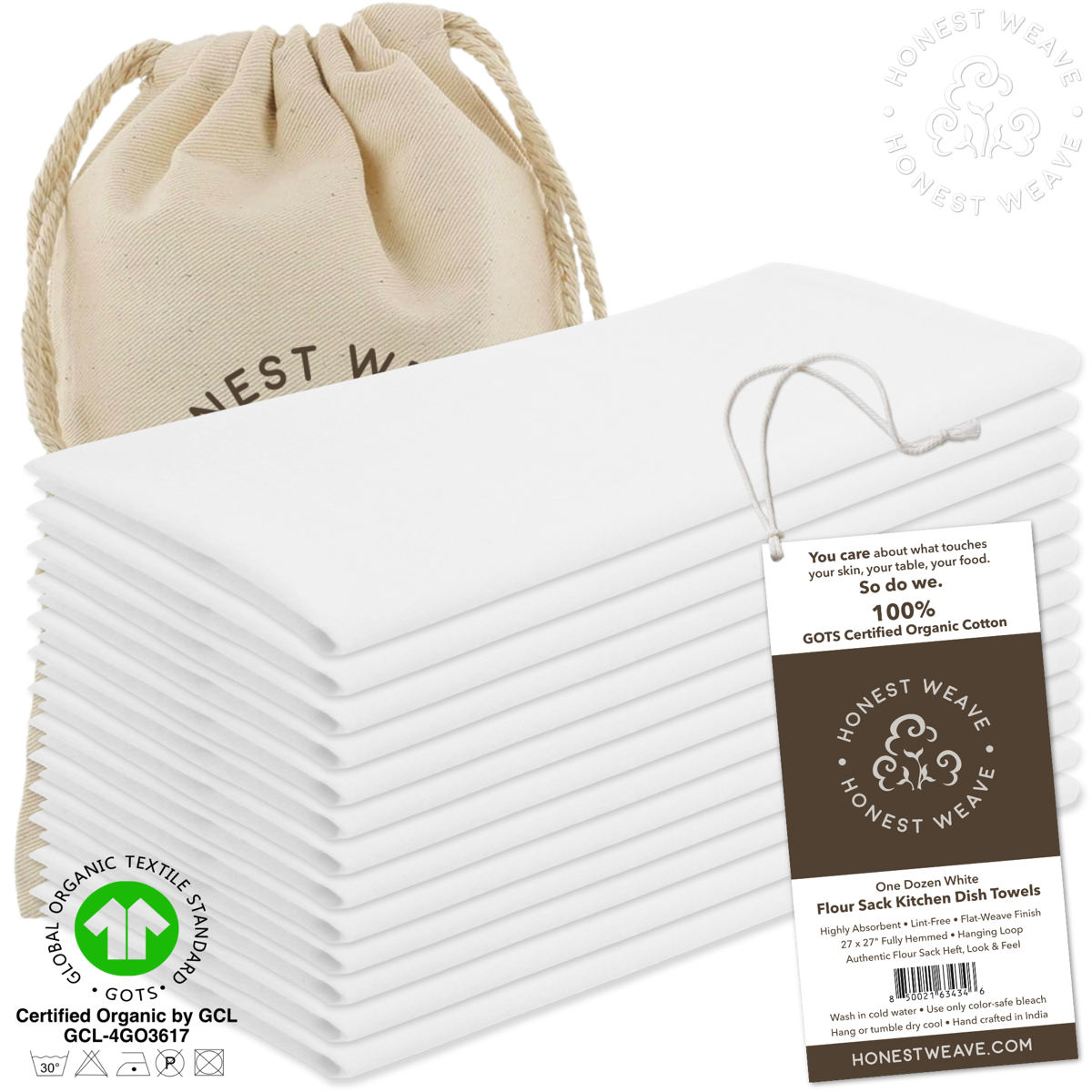 HONEST WEAVE GOTS Certified 100% Organic Flour Sack Cotton Kitchen Hand and  Dish Towel Sets - Extra Large 27x27 inches, Fully Hemmed, 12-Pack, White
